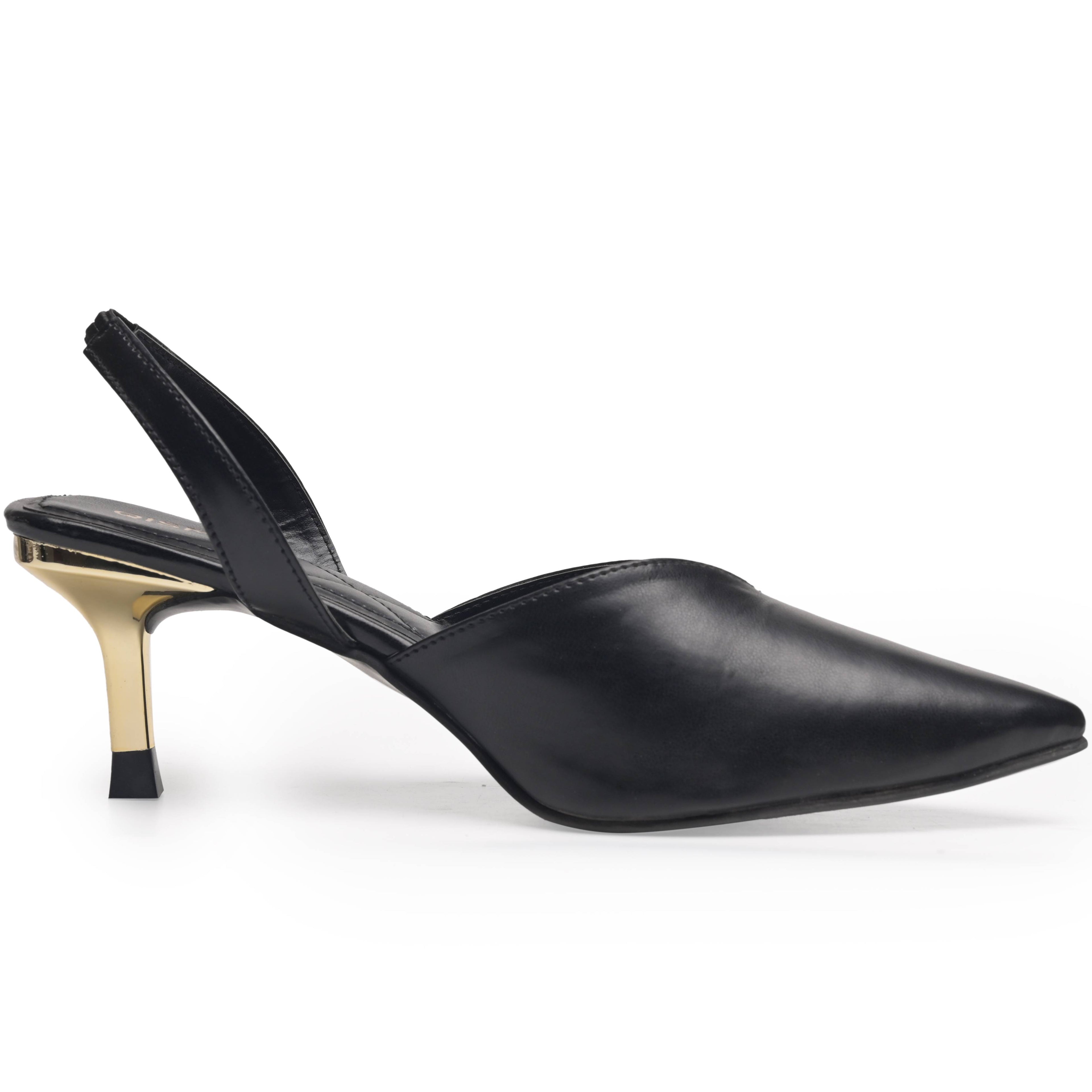 Elegant Pointed Toe Back Strap Sandals With Medium Golden Heels in Black and Beige Color options by Qismat