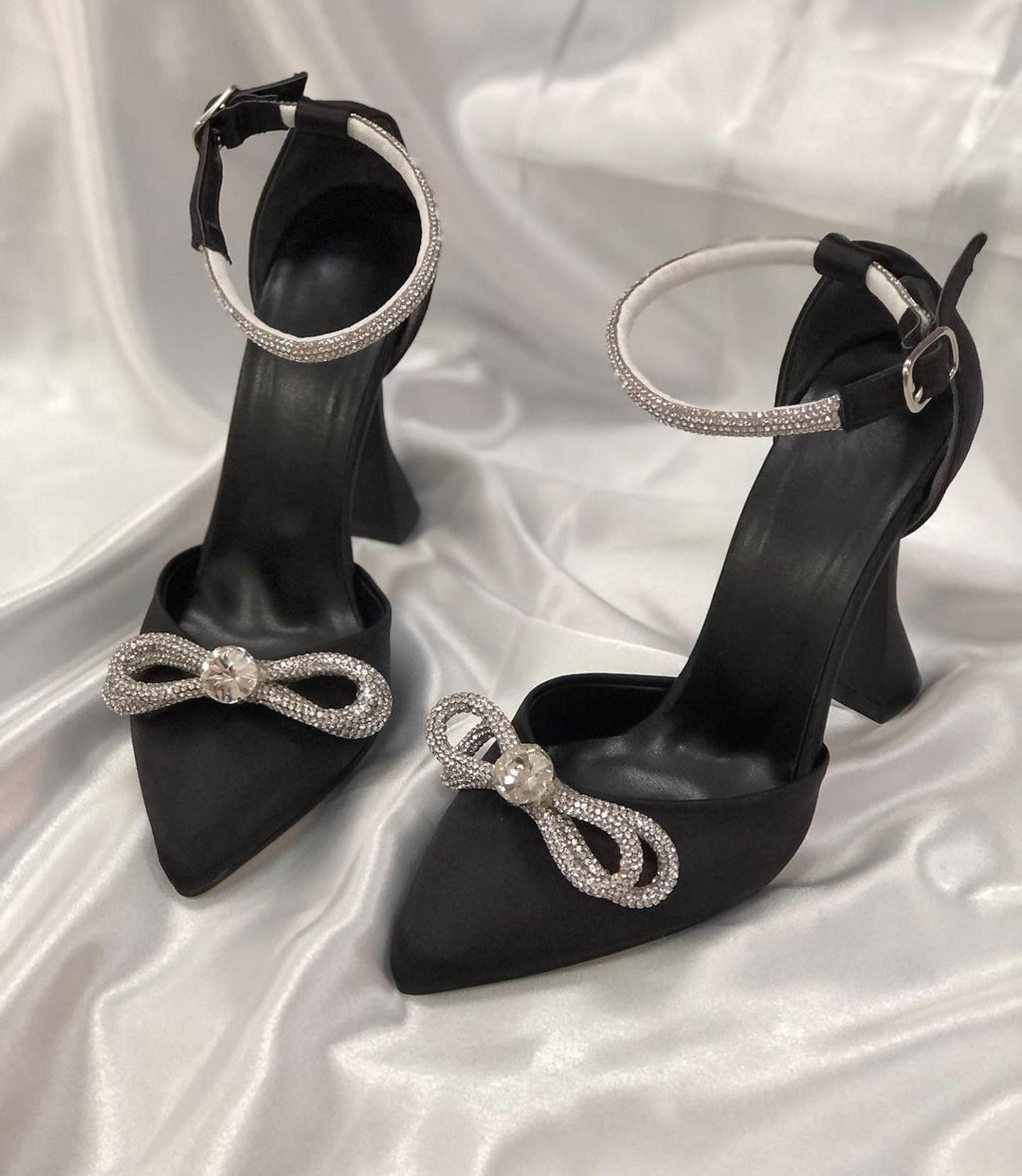 Luxury Black Stiletto Heels for Women – Crystal Butterfly Brooch | Designer Party Wear Sandals | Elegant Gift Idea
