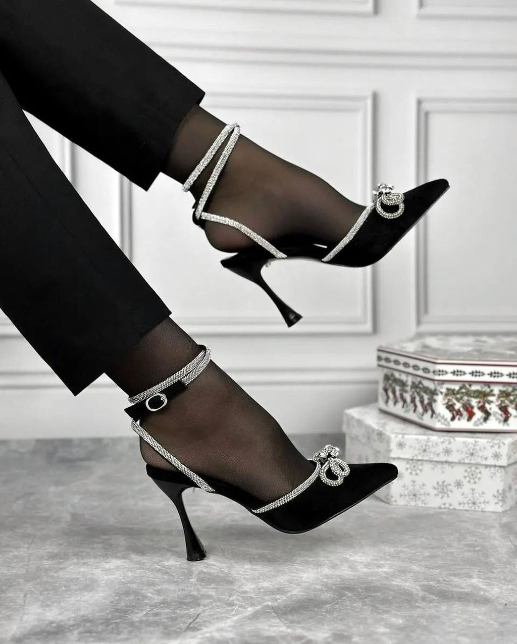 Premium Luxury Black Beauty Lace-Up Stiletto Heels for Women with Crystal Butterfly Brooch – Designer Party Wear Sandals Elegant Gift for Her by Qismat