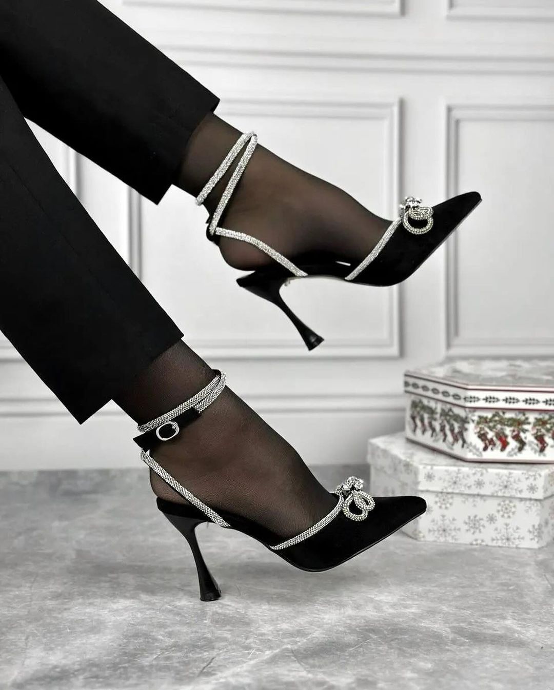 Premium Luxury Black Beauty Lace-Up Stiletto Heels for Women with Crystal Butterfly Brooch – Designer Party Wear Sandals Elegant Gift for Her by Qismat
