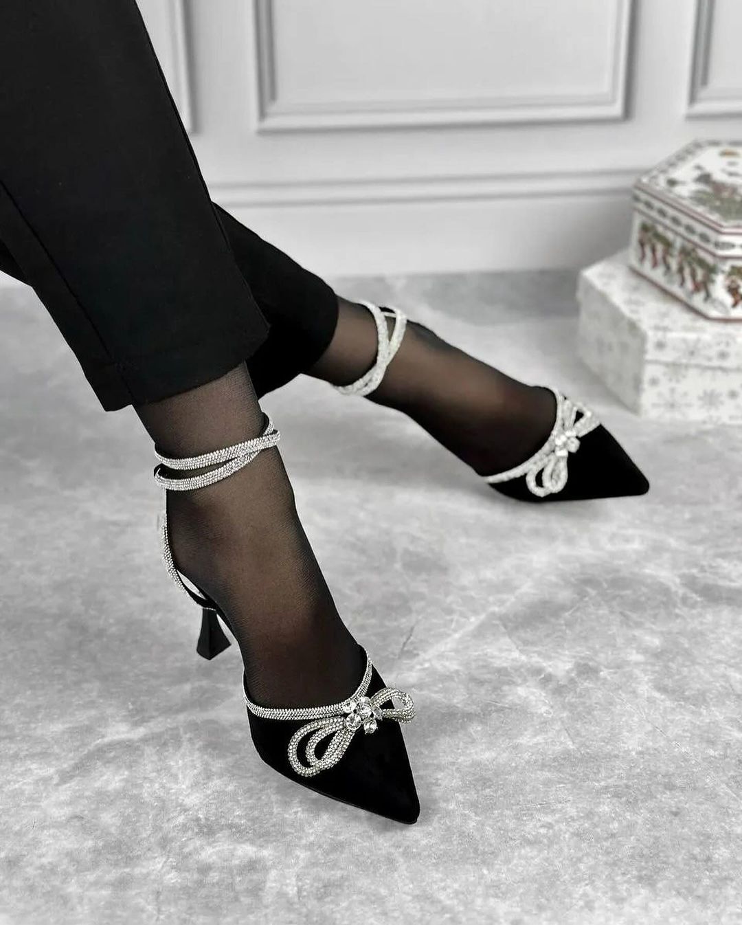 Premium Luxury Black Beauty Lace-Up Stiletto Heels for Women with Crystal Butterfly Brooch – Designer Party Wear Sandals Elegant Gift for Her by Qismat