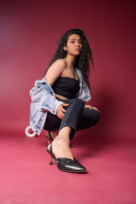 Elegant Pointed Toe Back Strap Sandals With Medium Golden Heels in Black and Beige Color options by Qismat