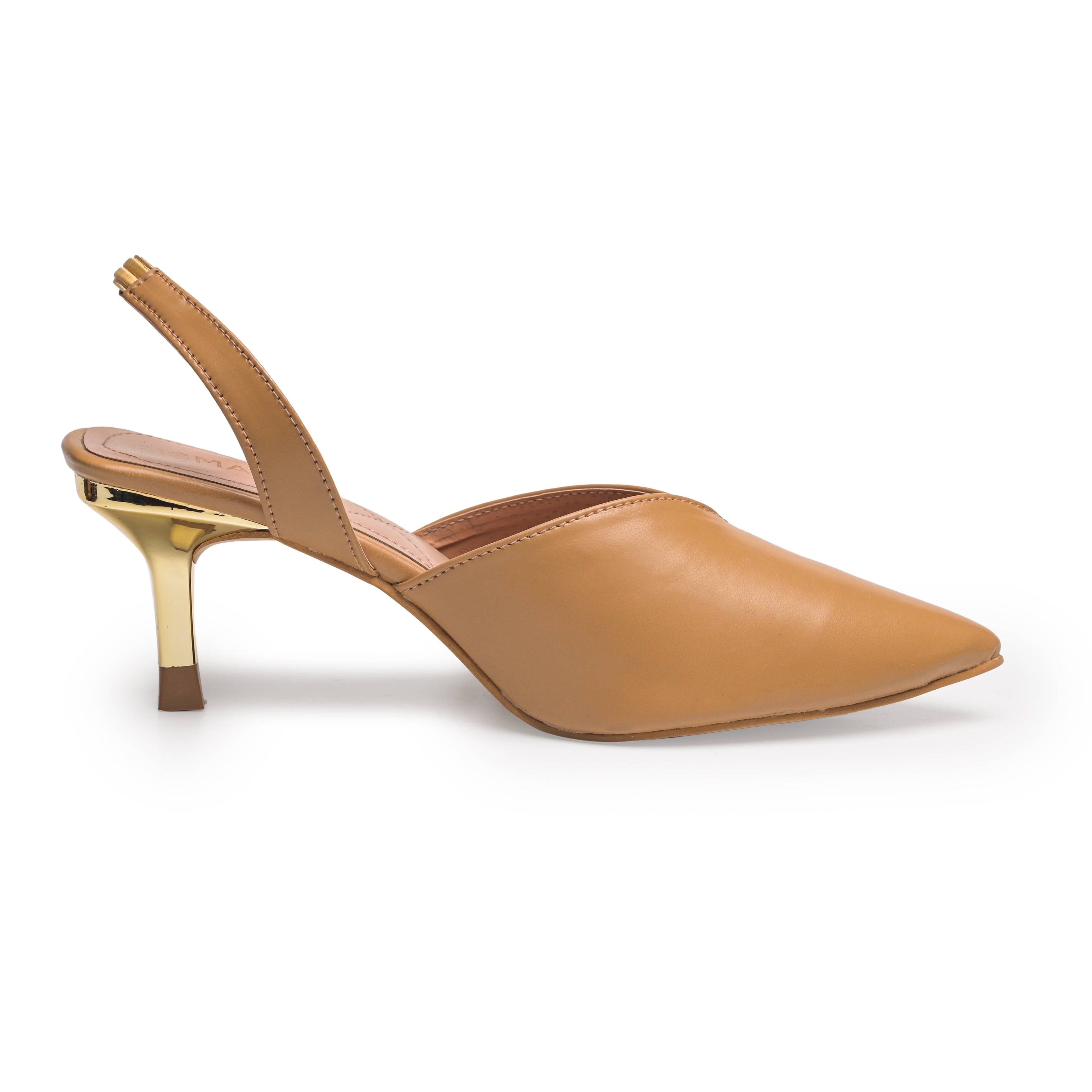 Elegant Pointed Toe Back Strap Sandals With Medium Golden Heels in Black and Beige Color options by Qismat