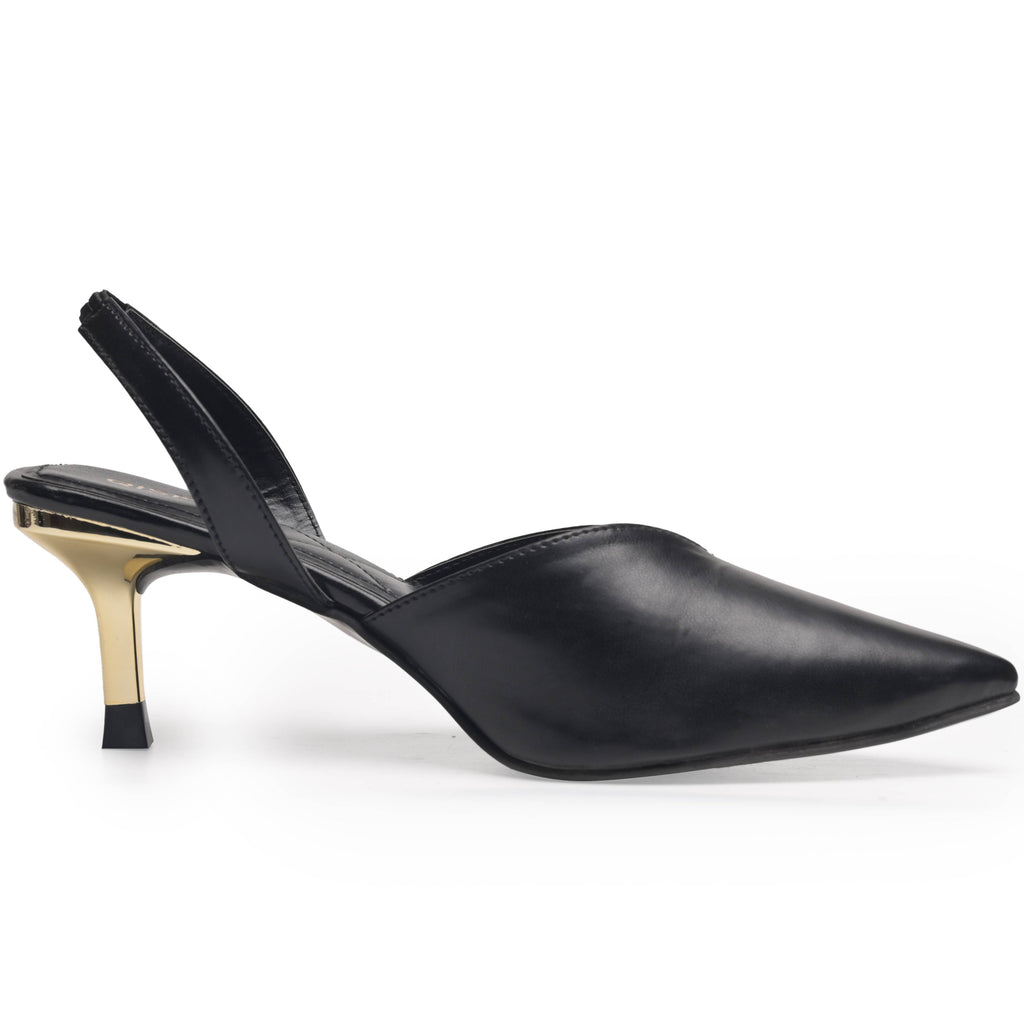 Elegant Pointed Toe Back Strap Sandals With Medium Golden Heels in Black and Beige Color options by Qismat