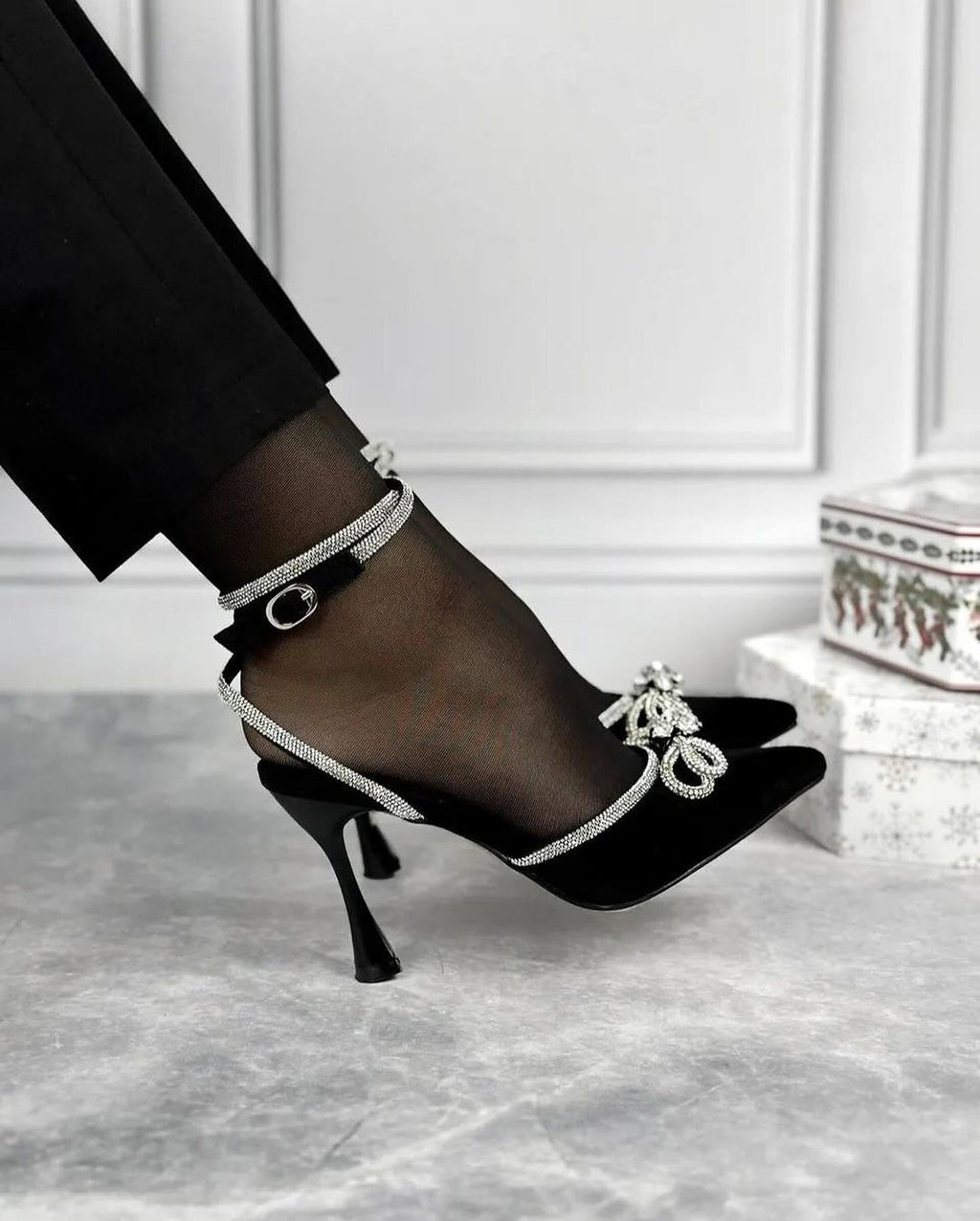 Premium Luxury Black Beauty Lace-Up Stiletto Heels for Women with Crystal Butterfly Brooch – Designer Party Wear Sandals Elegant Gift for Her by Qismat