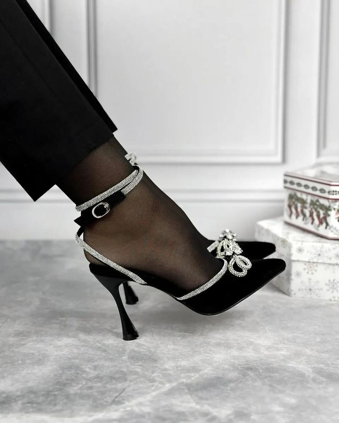 Premium Luxury Black Beauty Lace-Up Stiletto Heels for Women with Crystal Butterfly Brooch – Designer Party Wear Sandals Elegant Gift for Her by Qismat